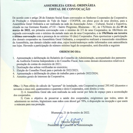 EDITAL DE CONVOCAO PARA ASSEMBLEIA GERAL ORDINRIA 2022